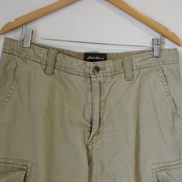 Khaki Cargo Shorts Flat Front Eddie Bauer Linen Cotton Utility Pockets Size 34 - Picture 2 of 10
